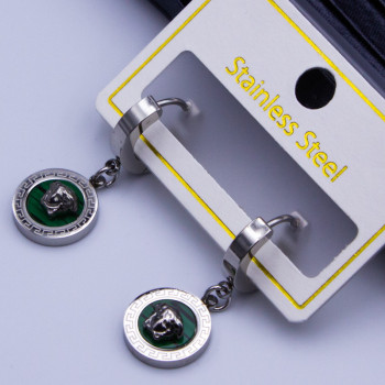 Сережки сталь №397  d-12мм з орнаментом та зеленою вставкою steel colour оптом сережки stainless steel з медсталі