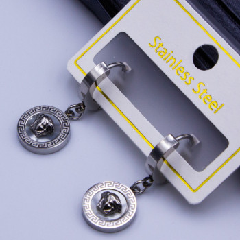 Сережки сталь №396 d-12мм з орнаментом  та бiлою вставкою steel colour оптом сережки stainless steel з медсталі