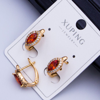 Сережки Xuping№910 h-12х7мм дрібні білі циркони з червоним по центру медичне золото сережки недорого від виробника