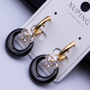 Сережки Xuping№491 d-15мм h-30мм кераміка геометрична чорна вставка висюлька куплю оптом  медичне золото 18К від виробника