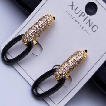 Сережки Xuping№496 h-27мм 13х9мм кераміка геометрична чорна вставка висюлька куплю оптом медичне золото 18К від виробника