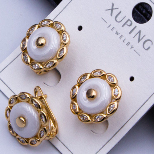 Сережки Xuping№499  d-14мм  кераміка геометрична бiла вставка висюлька куплю оптом медичне золото 18К від виробника