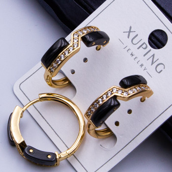 Сережки Xuping№511 d-20мм ширина 5мм кераміка чорна вставка з орнаментом та бiлим цирконом куплю оптом медичне золото 18К від виробника