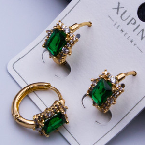 Сережки Xuping№297  d-15мм камінь 9х10мм з зеленим цирконом куплю оптом сережки ксюпінг