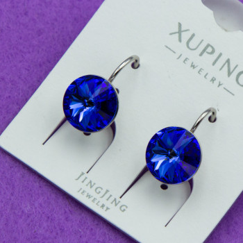 Сережки Xuping№808 10мм SWAROVSKI яскраво-синего кольору на металі під срібло куплю оптом сережки ксюпінг медзолото недорого
