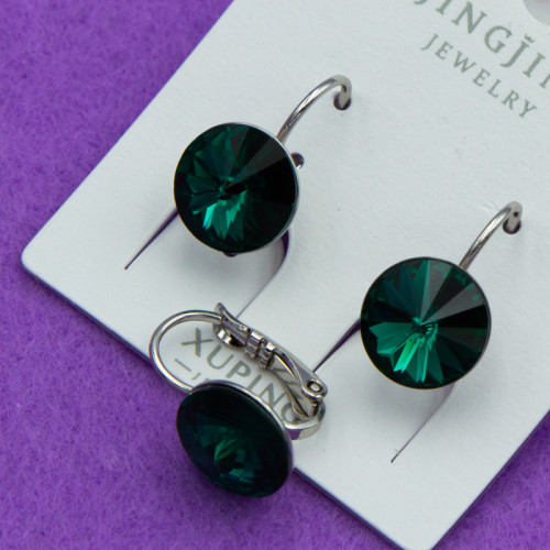 Сережки Xuping№809 10мм SWAROVSKI зеленого кольору на металі під срібло куплю оптом сережки ксюпінг медзолото недорого